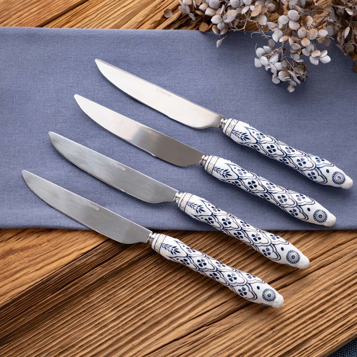 Set of knives Set of 4 Modern Hamptons Knives Silver with Blue Patterns