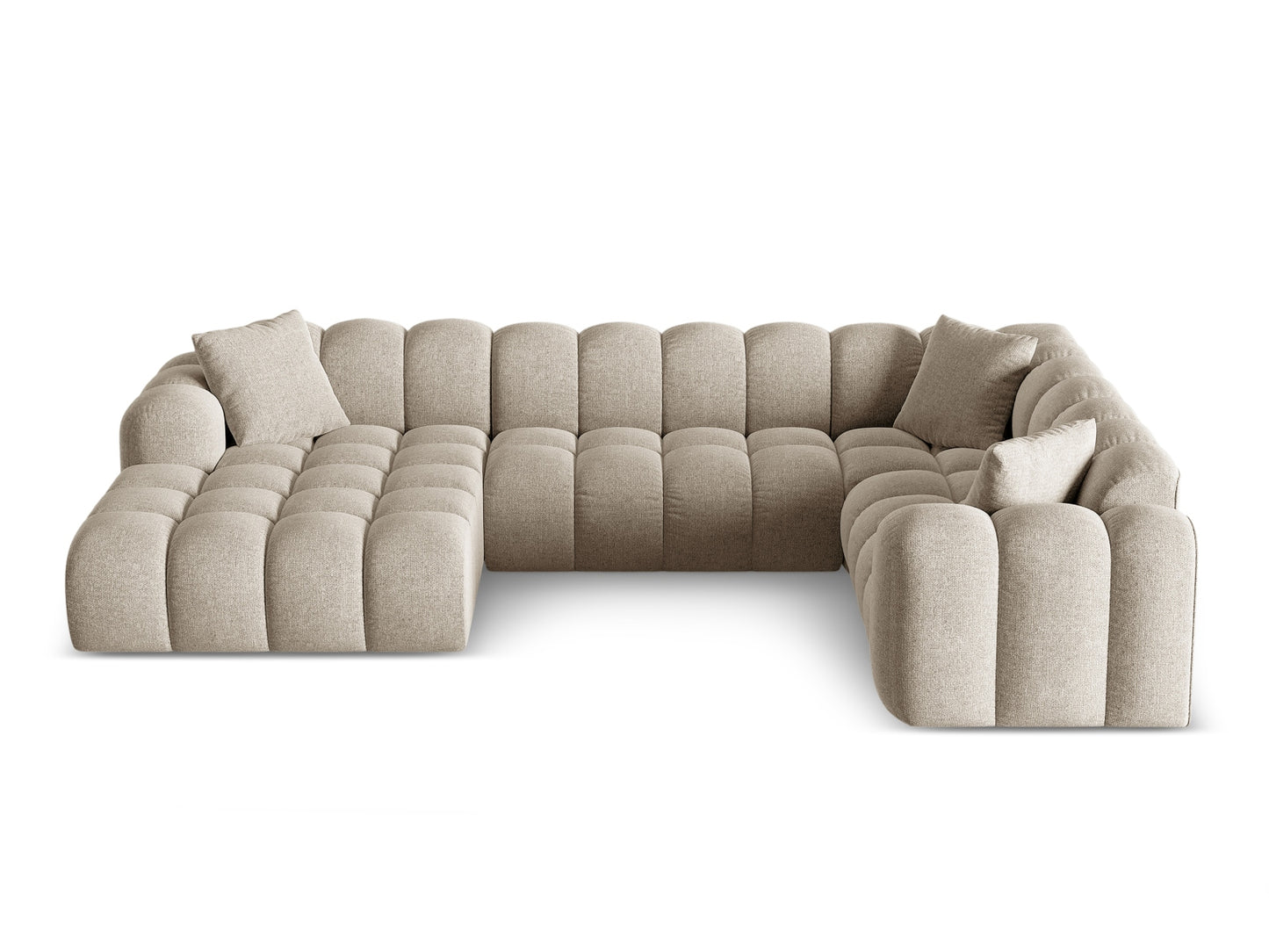 „Treno“ — panoraminė kampinė sofa, tamsiai smėlio spalvos (Eden 4 Beige), juodos plastikinės dešinės pusės