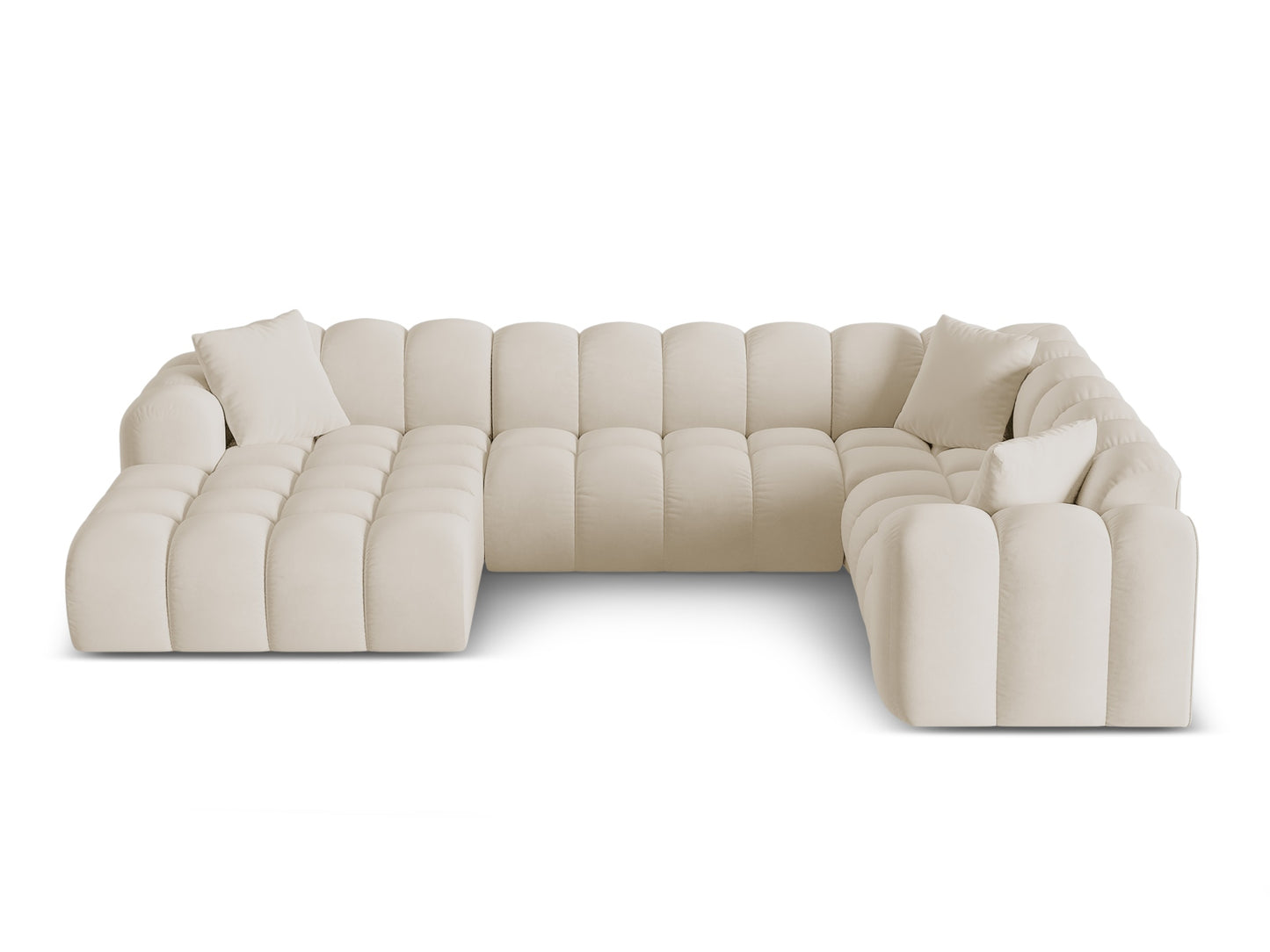 „Treno“ — panoraminė kampinė sofa, tamsiai smėlio spalvos (Bluvel 30), juodos plastikinės dešinės pusės