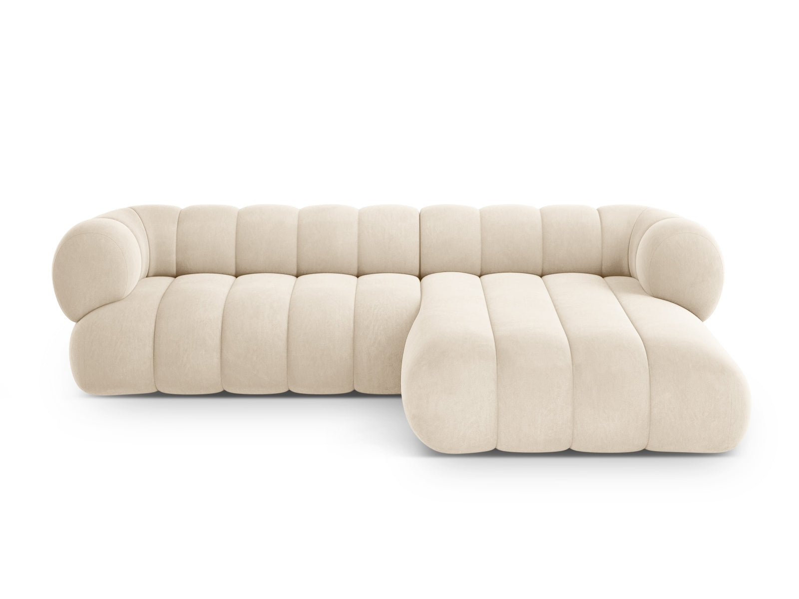 Koge — nurgadiivan (270x165x70 cm) helebeež (Vogue 1) must plastik paremal
