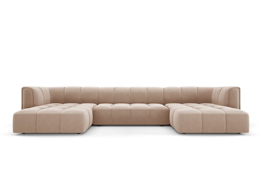 Moritz — Panoraminė sofa, smėlio spalvos (Bluvel 28), juodos spalvos plastikas