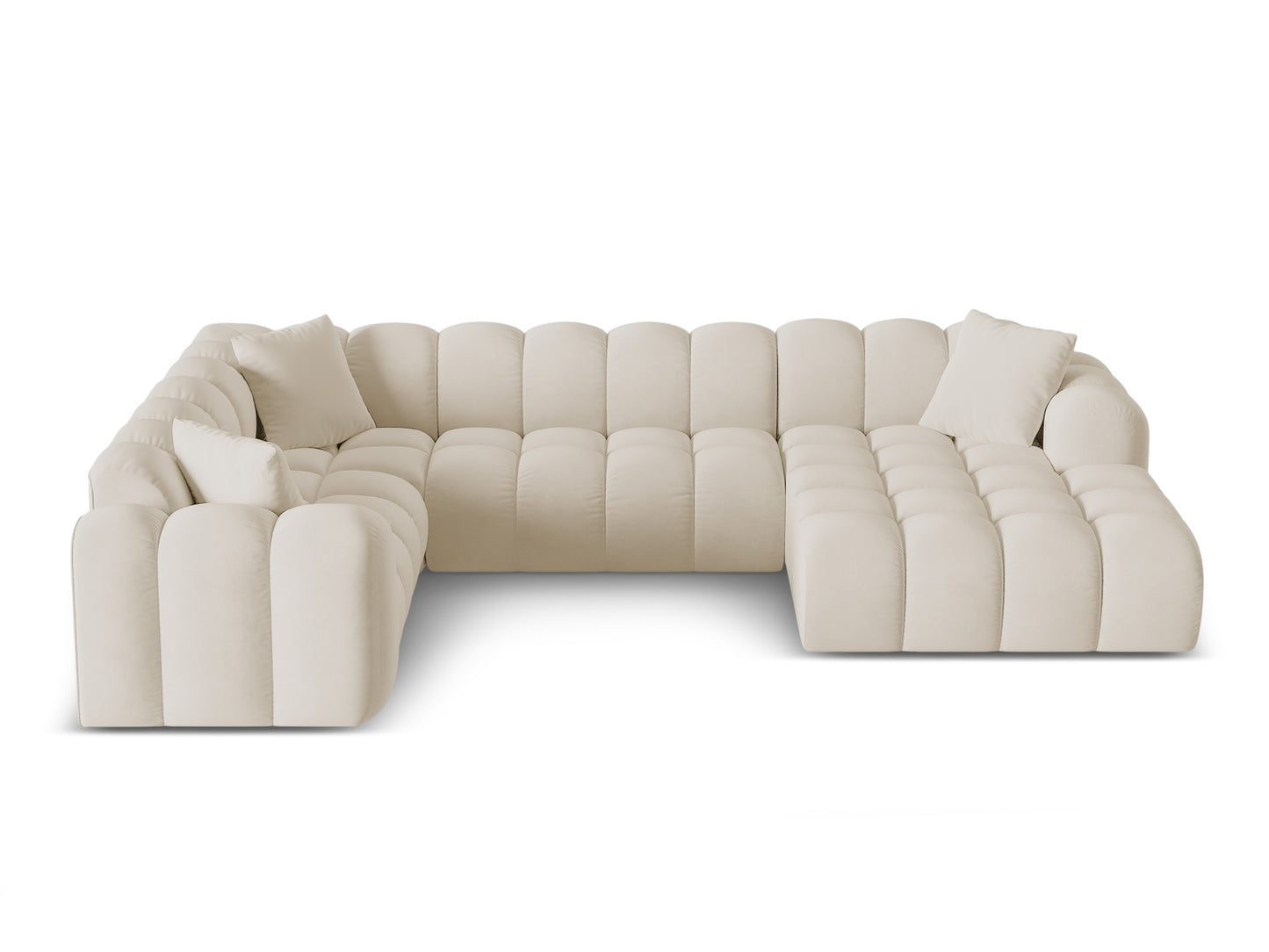 „Treno“ — panoraminė kampinė sofa, tamsiai smėlio spalvos (Bluvel 30), juodos plastikinės kairės pusės