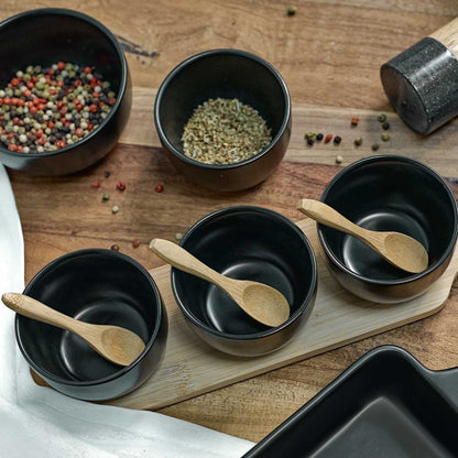 Set of serving bowls Set of 3 FINCAN Black Ceramic Serving Bowls with Bamboo Board