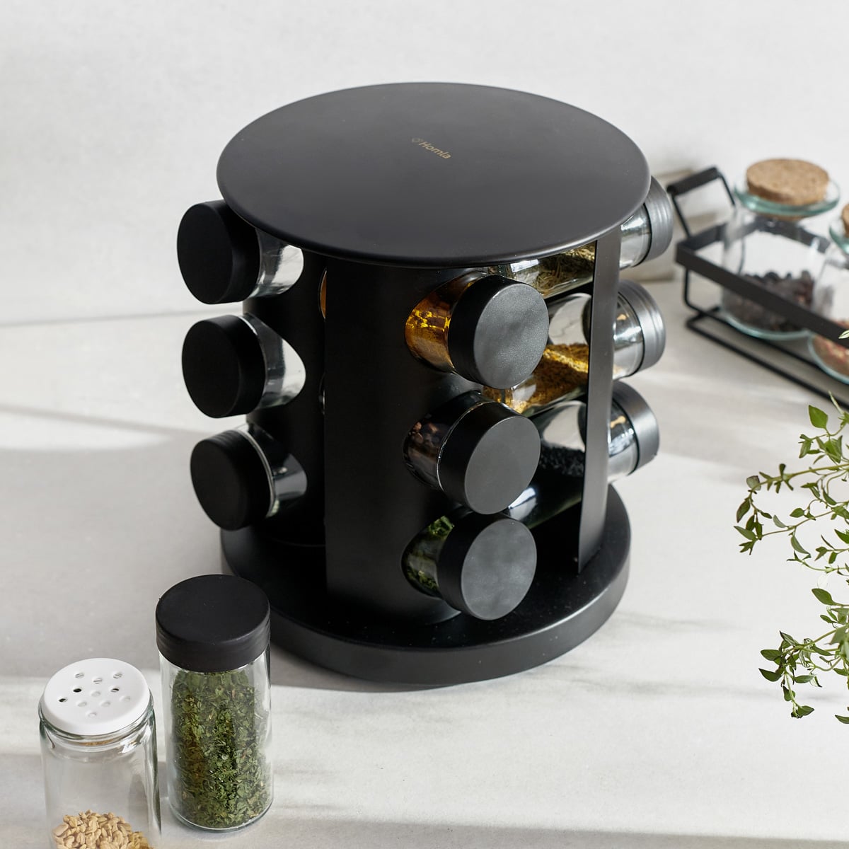 OTTO Rotary Spice Rack Black - 12 Jars, 20x20x22 cm