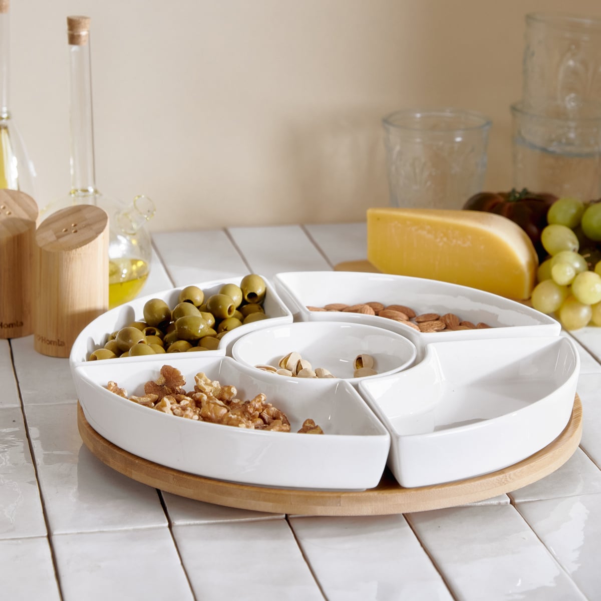 FINCAN Ceramic Serving Platter with Rotating Tray and Bowls