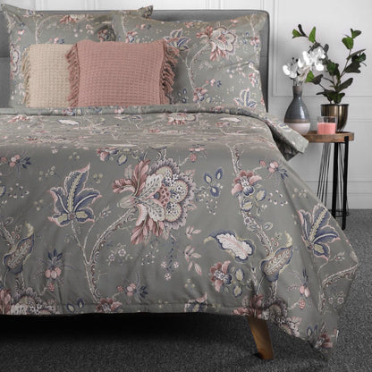 Bedding CLARAS Microfibre Floral Bed Linen Set Grey 160x200 cm