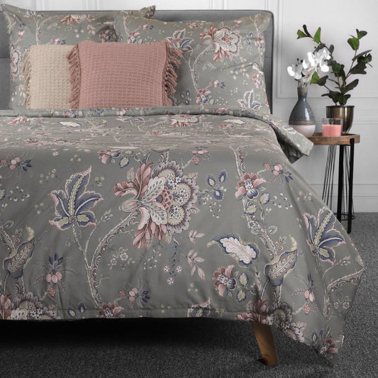 Bedding CLARAS Microfibre Floral Bed Linen Set Grey 160x200 cm