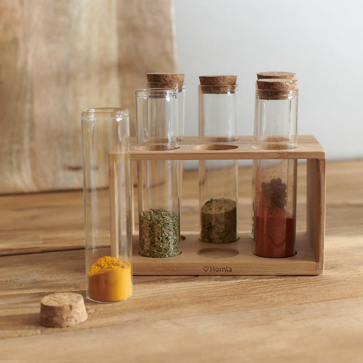 TORANO Seasoning Set with 6 Glass Jars on Wooden Stand