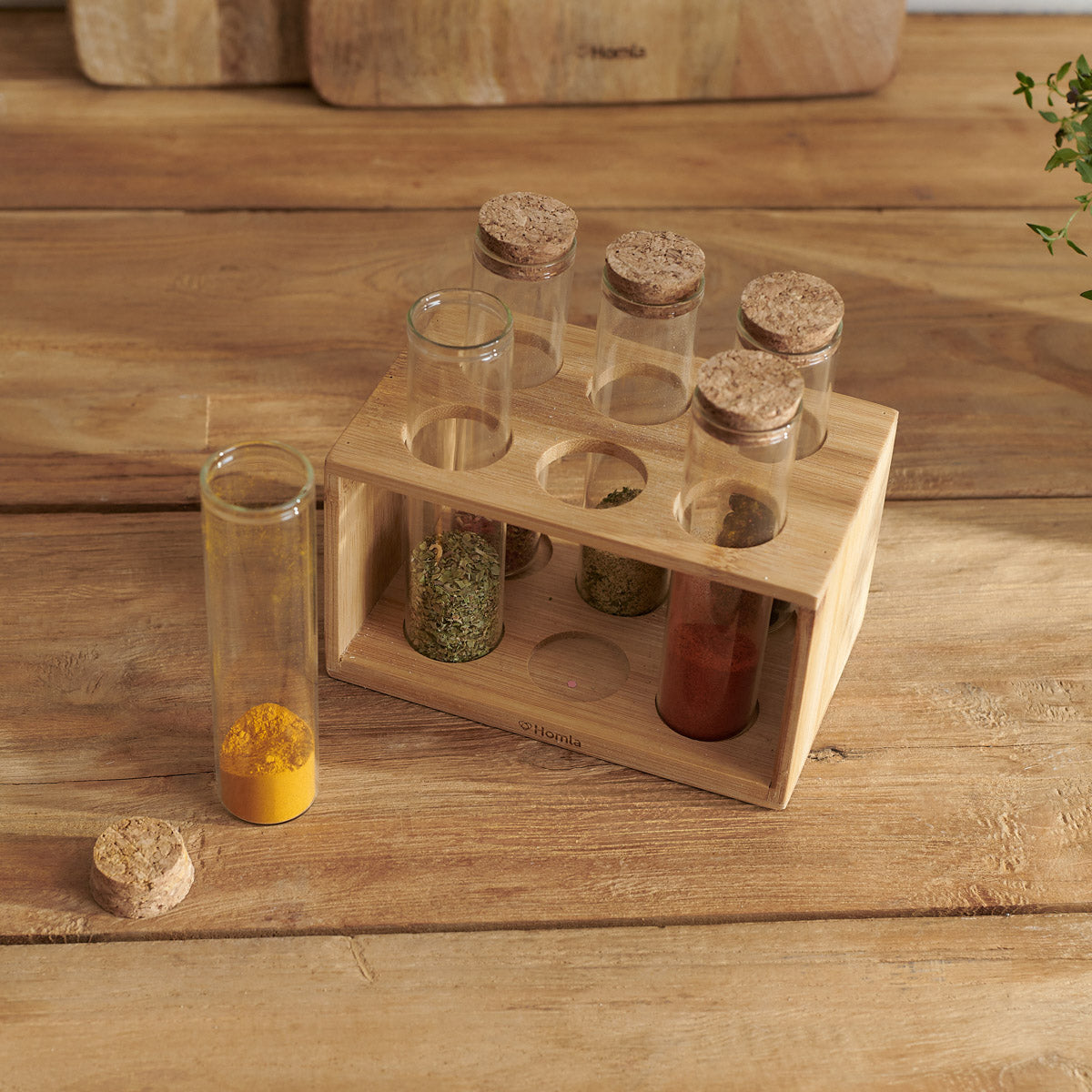 TORANO Seasoning Set with 6 Glass Jars on Wooden Stand