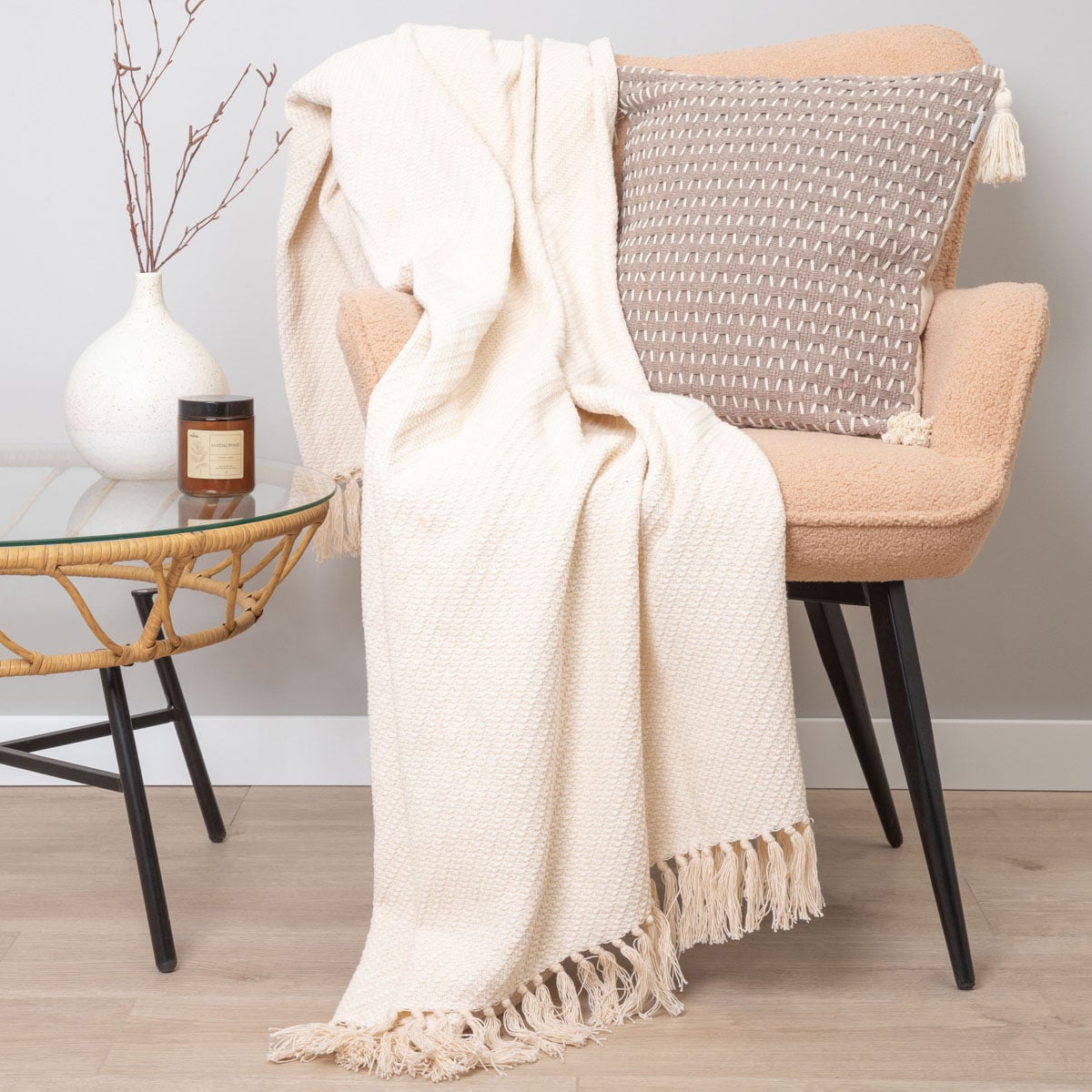 Blanket MORRIS Ecru with Fringe 130x170 cm