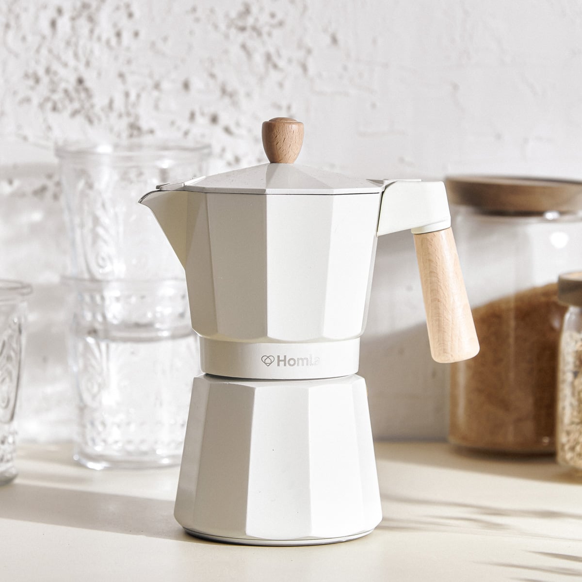 MIA MOKKA Coffee Maker Cream with Wooden Handle 6 Cup