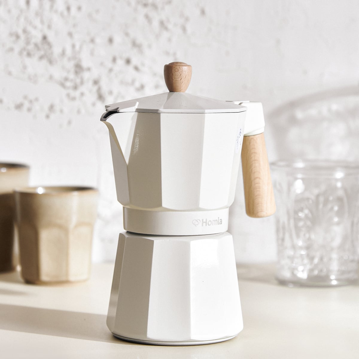 MIA MOKKA Coffee Maker Cream with Wooden Handle 6 Cup