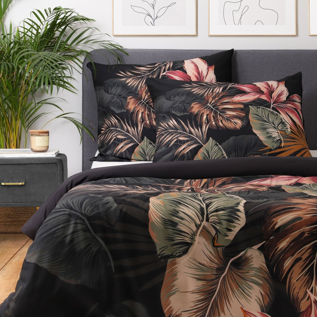 FONCE Microfibre Black Leaf Bedding Set 160x200 cm