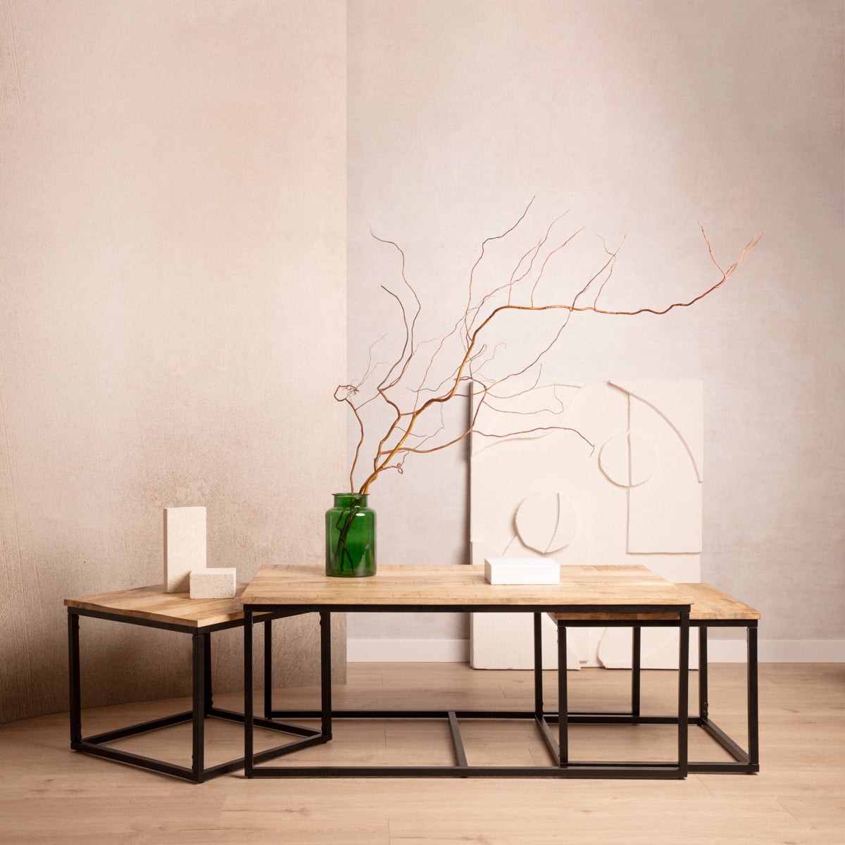 MAYA Coffee Table Set | Solid Mango Wood & Metal | 110x60x45 cm