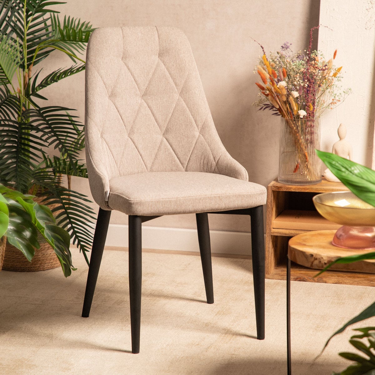 Louis Quilter Chair in Beige Fabric with Metal Legs