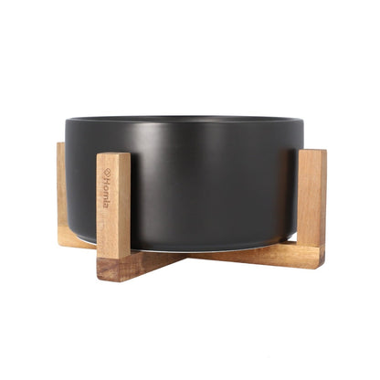 FINCAN Ceramic Salad Bowl Black with Rubberwood Base