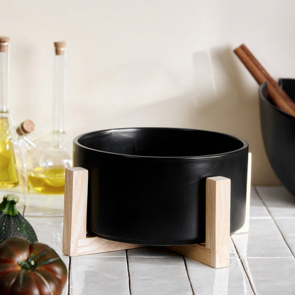 FINCAN Ceramic Salad Bowl Black with Rubberwood Base