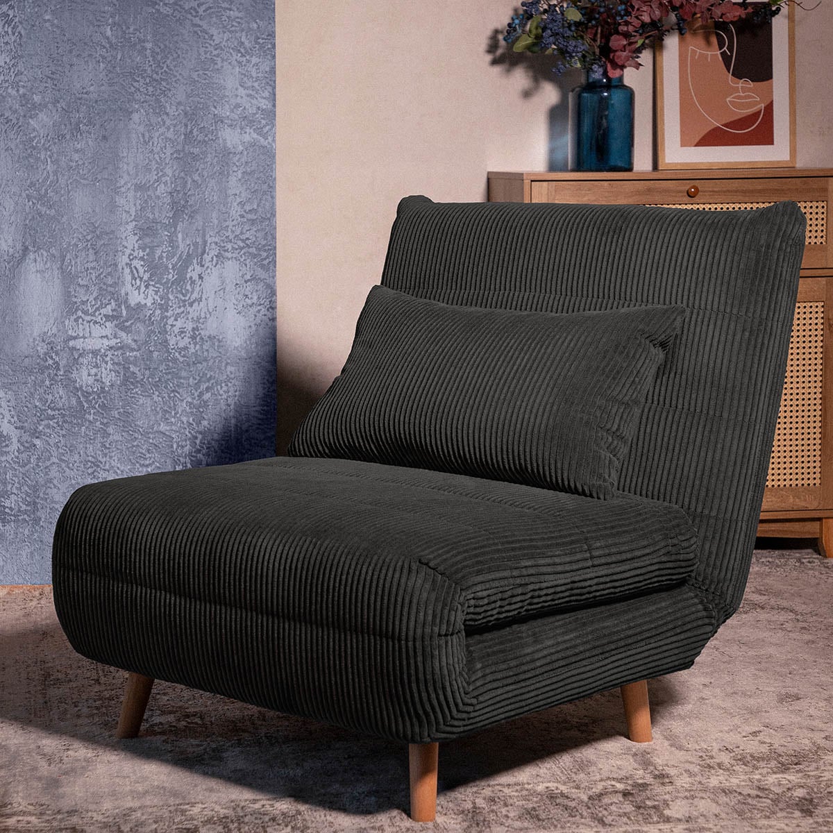 SOLACE 1-Seater Sofa with Sleeping Function Black Corduroy