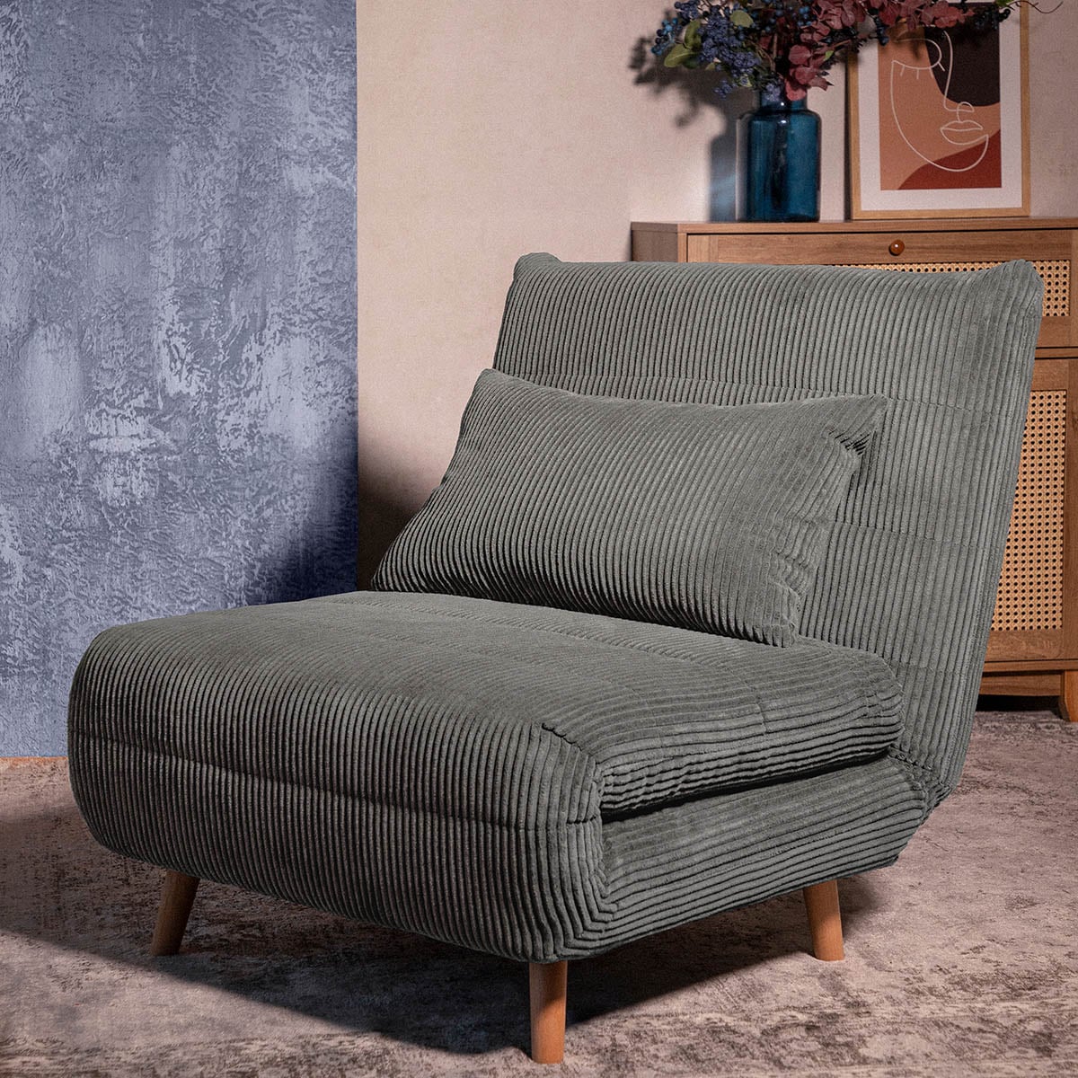 SOLACE 1-Seater Sofa Bed with Grey Corduroy Upholstery