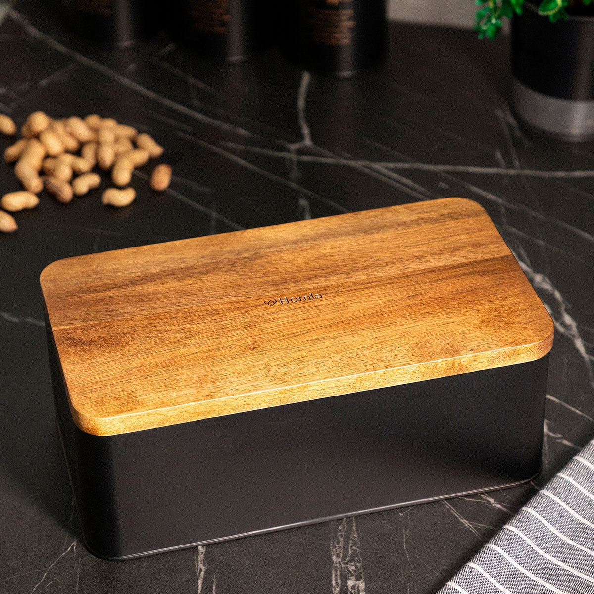 LOMAS Breadbox Black with Acacia Lid 33x18x13.5 cm