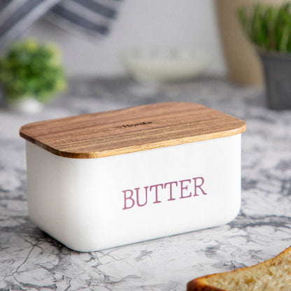 AVILA Butter Bowl White with Acacia Lid 15x10x7 cm
