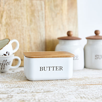 AVILA Butter Bowl White with Acacia Lid 15x10x7 cm