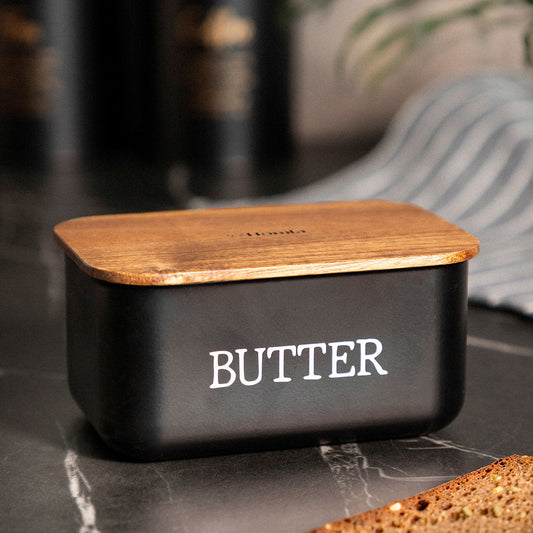 AVILA Butter Bowl Black Metal with Acacia Lid 15.5x10.5x7 cm