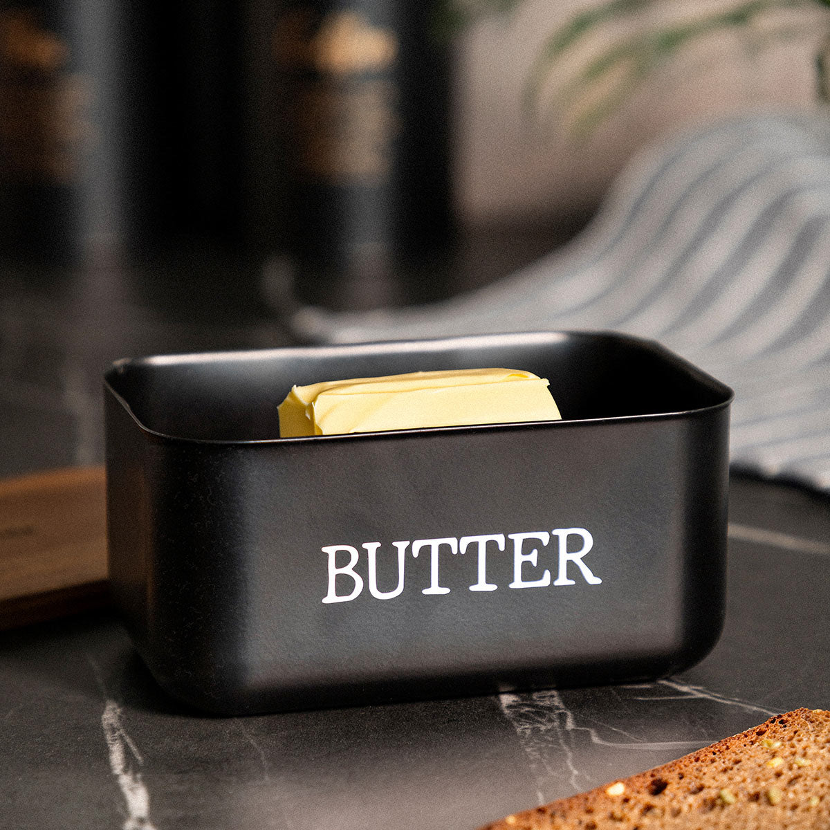AVILA Butter Bowl Black Metal with Acacia Lid 15.5x10.5x7 cm