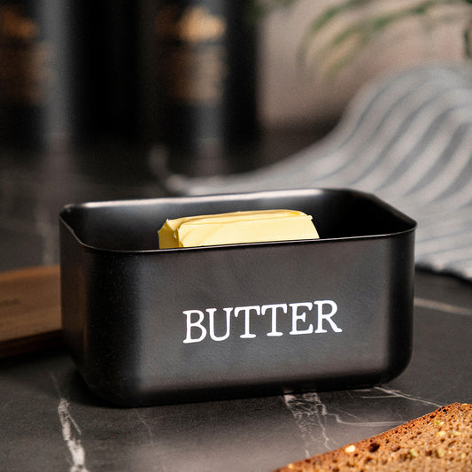 AVILA Butter Bowl Black Metal with Acacia Lid 15.5x10.5x7 cm