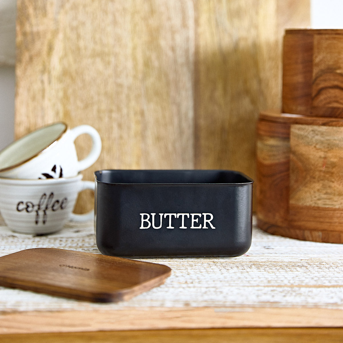 AVILA Butter Bowl Black Metal with Acacia Lid 15.5x10.5x7 cm