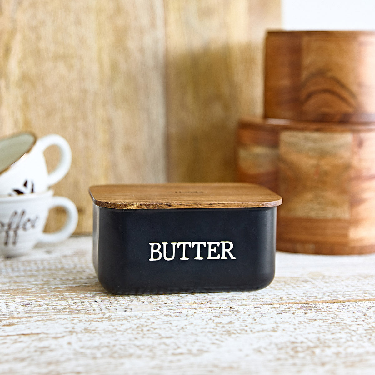 AVILA Butter Bowl Black Metal with Acacia Lid 15.5x10.5x7 cm