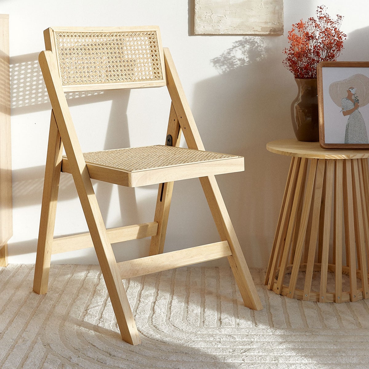 VERDURA Folding Chair Wooden with Natural Rattan 46x52x80 cm