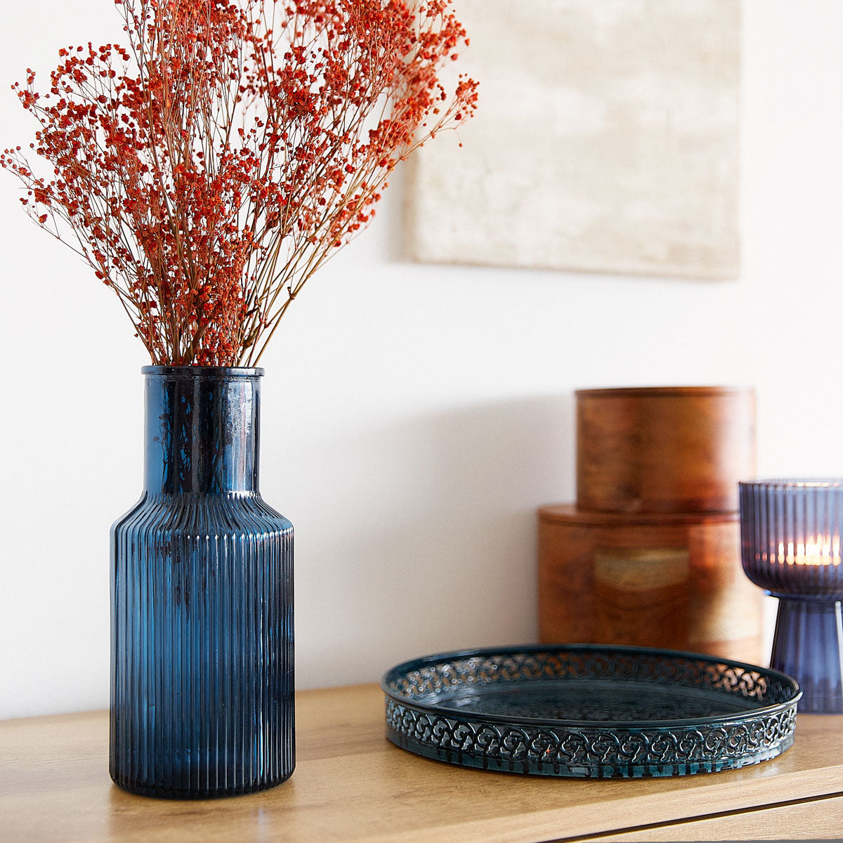 TOLLE Striped Glass Vase Dark Blue 10x22 cm
