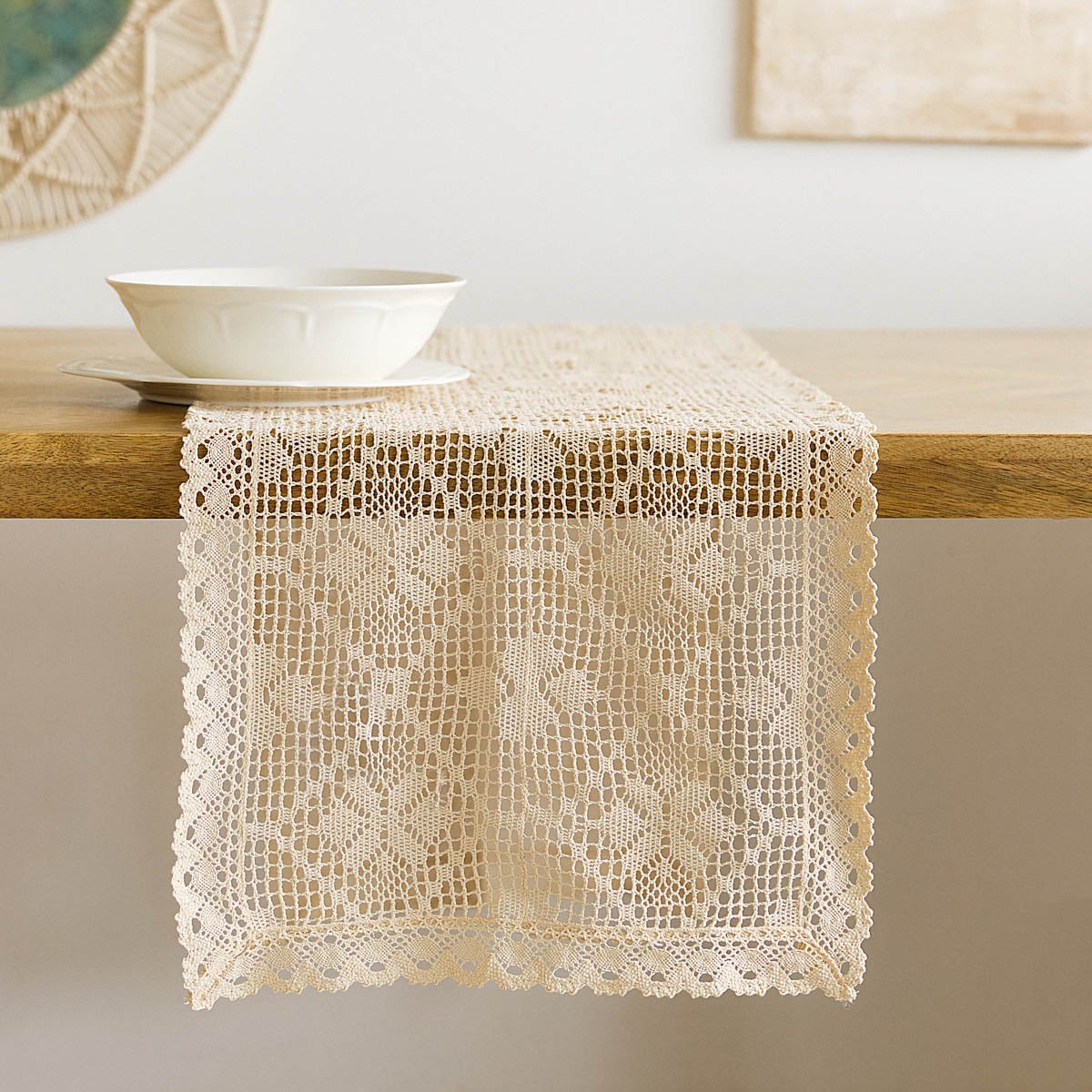 Crochet Beige Table Runner 40x160 cm
