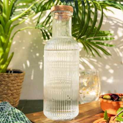 NATIA Fluted Glass Carafe with Cork Stopper 1L