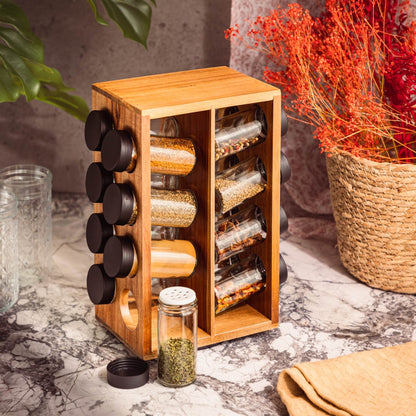LENNE Spice Jar Set on Rotating Rack with 16 Glass Jars