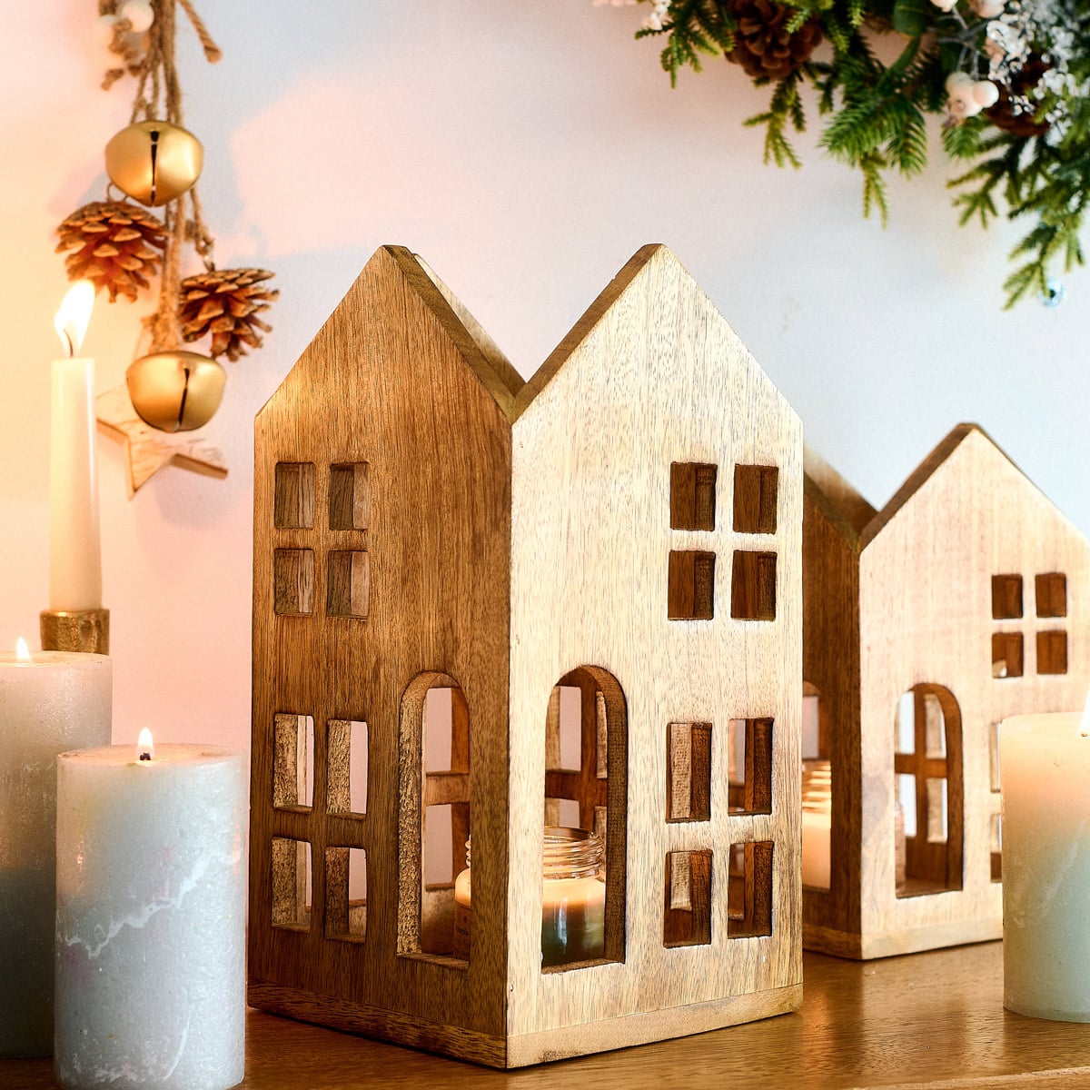 MANGOS Mango Wood House Lantern - Rustic Standing Decoration
