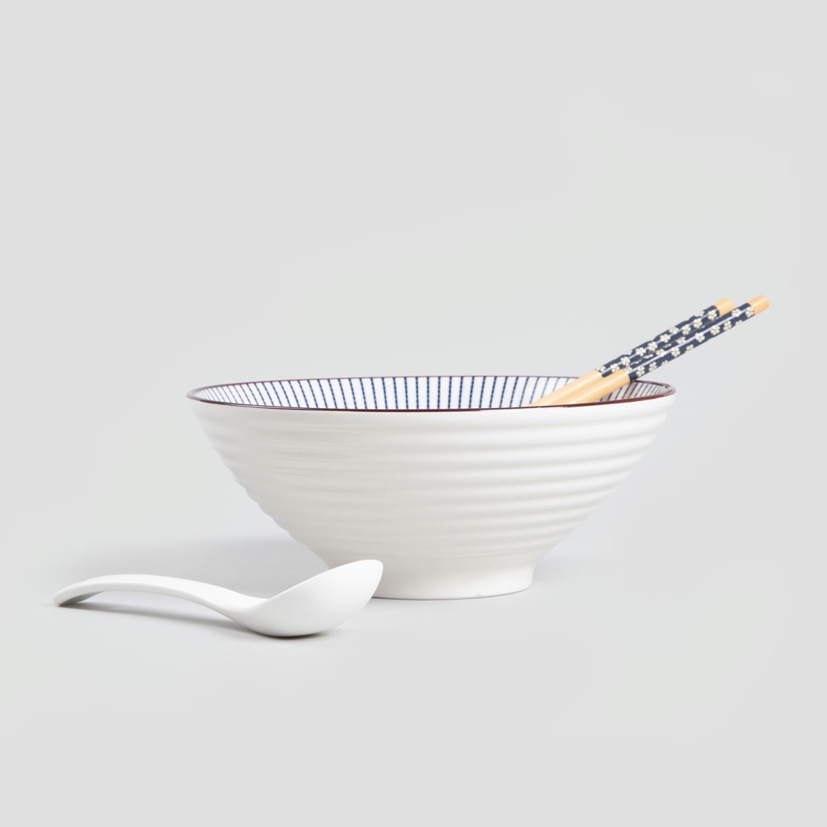 SALADO Ramen Set with Striped Brown Rim - 21 cm Ceramic Bowl
