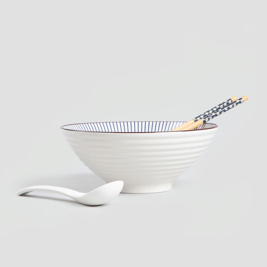SALADO Ramen Set with Striped Brown Rim - 21 cm Ceramic Bowl