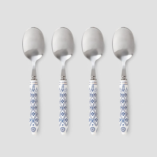 Set of tea spoons Set of 4 Modern Hamptons Tea Spoons Silver with Blue Pattern