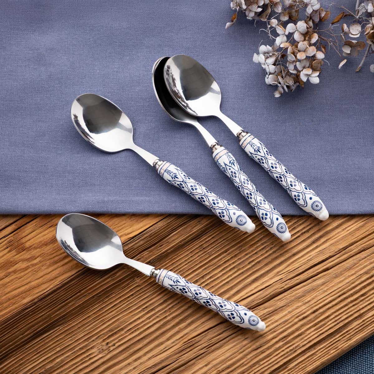 Set of spoons Set of 4 Modern Hamptons Spoons Silver with Blue Patterns