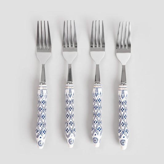 Set of forks Modern Hamptons Set of 4 Silver Forks with Blue Patterns