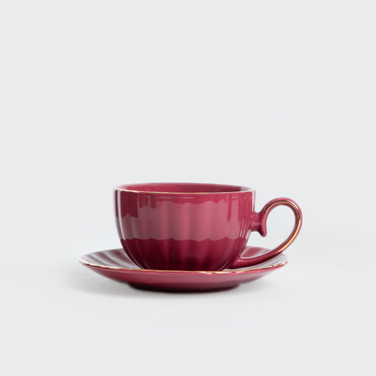 MINA Large Burgundy Ceramic Cup with Saucer 0.25L