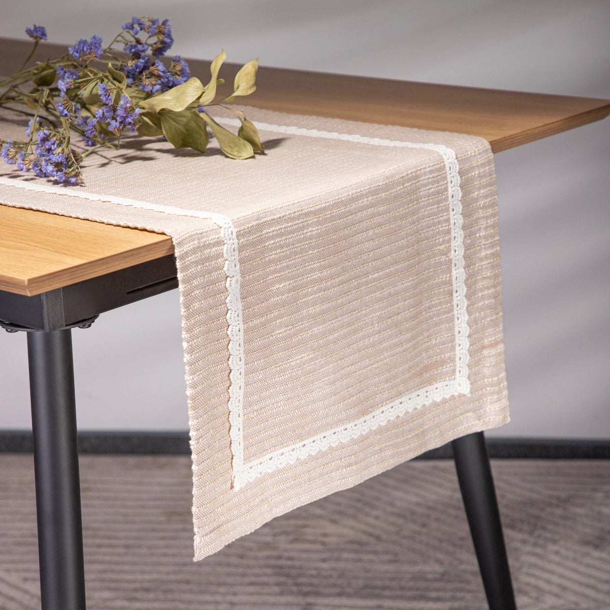 ANIZA Beige Table Runner with White Lace 40x160 cm