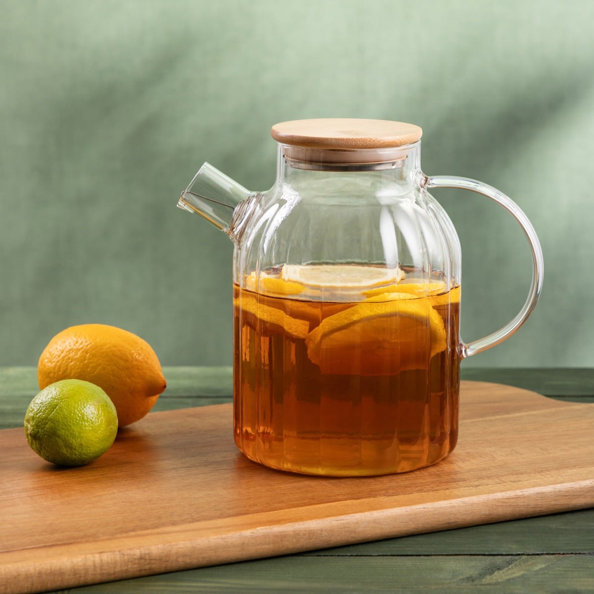 SAFFRON Large Fluted Jug 1.7L Glass & Bamboo