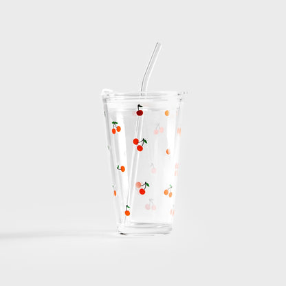EMBO SUMMER Glass with Cherry Print Straw 0.4L