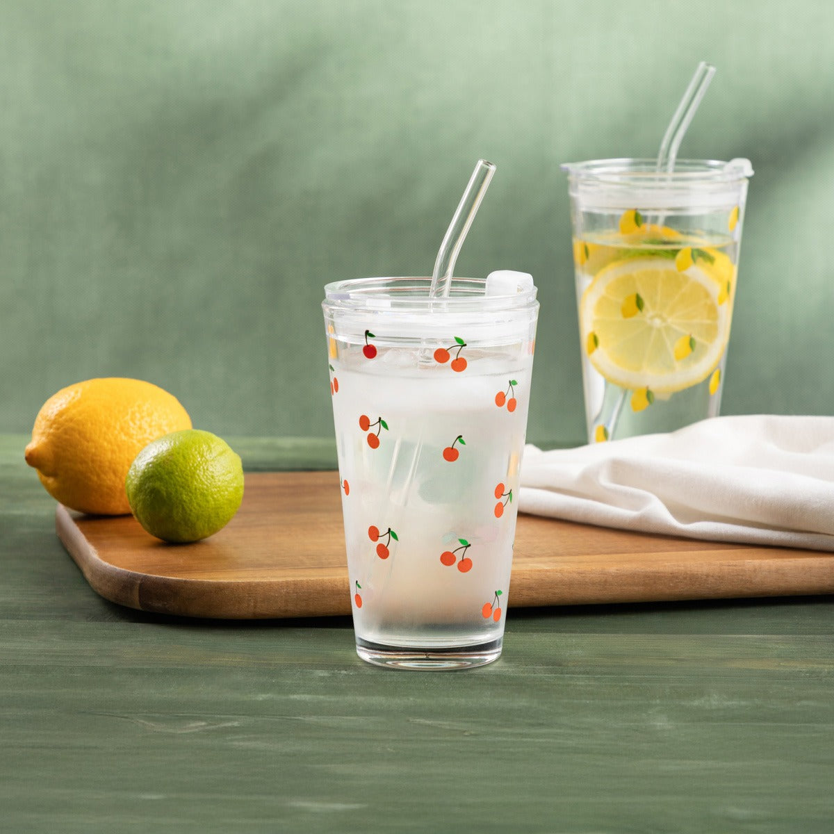 EMBO SUMMER Glass with Cherry Print Straw 0.4L