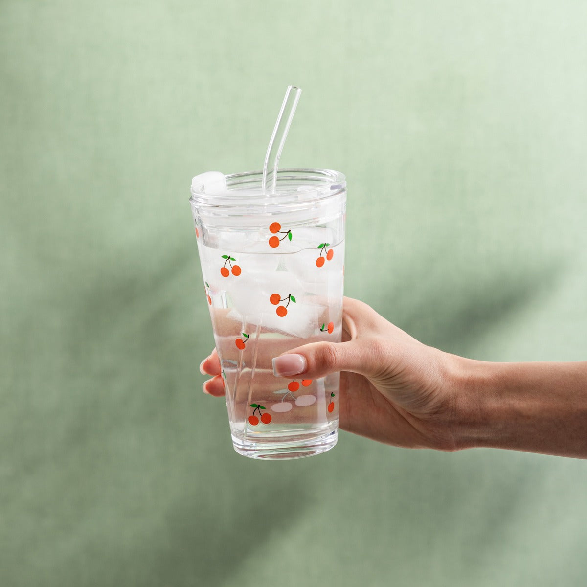 EMBO SUMMER Glass with Cherry Print Straw 0.4L