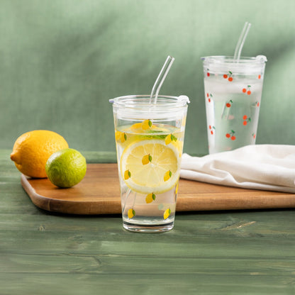 EMBO SUMMER Glass with Lemon Print and Straw 0.4L