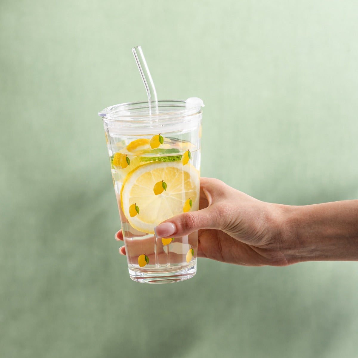 EMBO SUMMER Glass with Lemon Print and Straw 0.4L